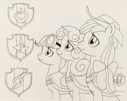 Size: 2780x2226 | Tagged: apple bloom, artist:lunaroz, crusaders of the lost mark, cutie mark, cutie mark crusaders, derpibooru import, goggles, hat, monochrome, older, safe, scootaloo, sweetie belle, the cmc's cutie marks, traditional art