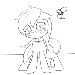 Size: 1596x1595 | Tagged: safe, artist:randy, derpibooru import, oc, oc:aryanne, unofficial characters only, earth pony, pony, black and white, collar, crying, disgruntled, female, grayscale, heart, indoors, monochrome, outline, pet, sitting, solo