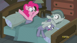 Size: 500x281 | Tagged: safe, derpibooru import, screencap, limestone pie, marble pie, pinkie pie, earth pony, pony, hearthbreakers, adorkable, animated, bed, blanket, context is for the weak, cute, discovery family logo, dork, female, frown, gif, limabetes, loop, marblebetes, open mouth, out of context, pie sisters, pillow, screaming, siblings, side, sisters, smiling, talking, this is why we can't have nice things, vibrating