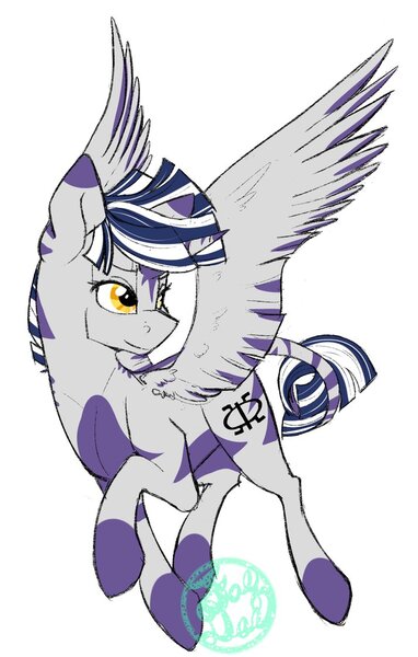 Size: 713x1119 | Tagged: safe, artist:farewelldecency, deleted from derpibooru, derpibooru import, oc, unofficial characters only, alicorn, hybrid, pony, zebra alicorn, zony, alicorn oc, flying, golden eyes, interspecies offspring, magical lesbian spawn, offspring, parent:twilight sparkle, parent:zecora, parents:twicora, simple background, solo, white background