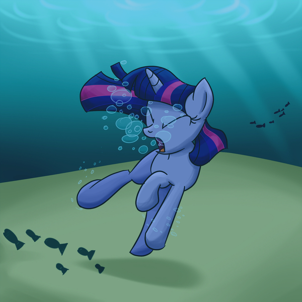 Size: 1500x1500 | Tagged: semi-grimdark, artist:uwdr-64, derpibooru import, twilight sparkle, fish, unicorn, asphyxiation, bubble, drowning, fetish, imminent death, ocean, solo, swimming, underwater, unicorn twilight, water