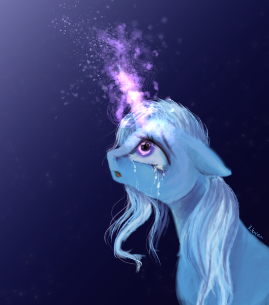 Size: 801x909 | Tagged: safe, artist:kukirra, derpibooru import, trixie, pony, unicorn, crying, female, magic, mare, solo