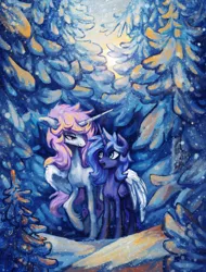 Size: 915x1203 | Tagged: safe, artist:koviry, derpibooru import, princess celestia, princess luna, alicorn, pony, alternate hairstyle, beautiful, cute, duo, female, forest, hug, mare, open mouth, pink-mane celestia, raised hoof, royal sisters, s1 luna, scenery, sisters, snow, snowfall, spruce, tree, winghug, winter