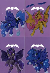 Size: 859x1264 | Tagged: safe, artist:jenkiwi, derpibooru import, fluttershy, princess luna, alicorn, bat, bat pony, pony, female, flutterbat, mare, night guard, rearing, spread wings, traditional art