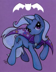 Size: 461x593 | Tagged: safe, artist:jenkiwi, derpibooru import, trixie, bat, pony, unicorn, cape, clothes, female, mare, solo, traditional art