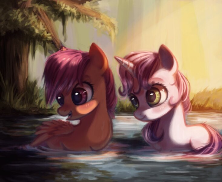 Size: 1000x818 | Tagged: artist:annielith, blushing, crepuscular rays, cute, derpibooru import, duck pony, forest, open mouth, pond, safe, scootaloo, smiling, sweetie belle, water, wet, wet mane