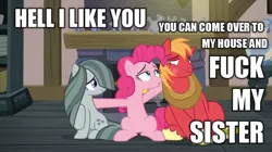 Size: 853x477 | Tagged: suggestive, derpibooru import, edit, edited screencap, screencap, big macintosh, marble pie, pinkie pie, earth pony, pony, hearthbreakers, caption, full metal jacket, gunnery sergeant hartman, image macro, implied sex, implied straight, male, marblemac, meme, movie reference, shipper on deck, shipping, stallion, straight, vulgar