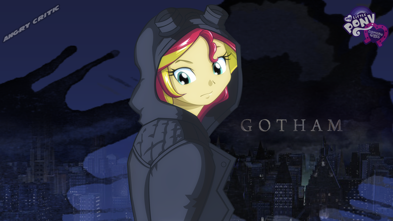 Size: 2560x1440 | Tagged: safe, artist:ngrycritic, derpibooru import, sunset shimmer, equestria girls, batman, catwoman, clothes, crossover, dc comics, gotham, hoodie, selina kyle, solo, style emulation, uotapo-ish