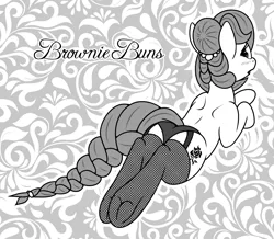 Size: 3000x2614 | Tagged: suggestive, artist:zapplebow, derpibooru import, oc, oc:brownie bun, unofficial characters only, earth pony, pony, :o, blushing, braid, brownie butt, clothes, female, fishnets, frog (hoof), garters, get, index get, lingerie, looking at you, looking back, mare, panties, plot, prone, solo, solo female, stockings, underhoof, underwear