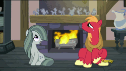 Size: 800x450 | Tagged: safe, derpibooru import, edit, big macintosh, marble pie, pinkie pie, earth pony, pony, hearthbreakers, animated, bouncing, eyes closed, falling, fireplace, frown falling, gritted teeth, loop, male, pie twins, prone, raised hoof, reversed, sisters, sitting, smiling, stallion, twins, watching, weird rock