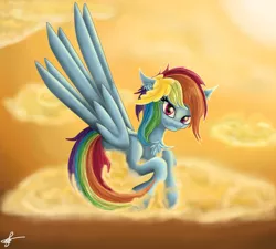 Size: 1000x900 | Tagged: safe, artist:charlottelanoire, derpibooru import, rainbow dash, chest fluff, cloud, cloudy, looking at you, sky, smirk, solo