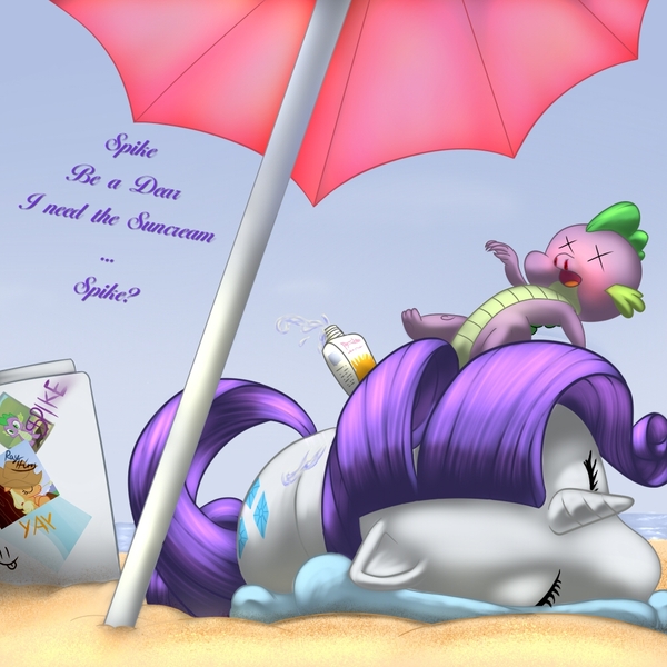 Size: 1000x1000 | Tagged: safe, artist:rayhiros, derpibooru import, applejack, rarity, spike, beach, blood, female, implied, male, nosebleed, shipping, sparity, straight, sunscreen, umbrella