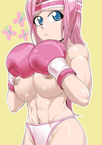 Size: 600x853 | Tagged: questionable, artist:pugilismx, derpibooru import, fluttershy, human, abs, belly button, boxing, boxing gloves, breasts, busty fluttershy, clothes, female, fit, foxy boxing, headband, humanized, image, jpeg, muscles, muscleshy, nervous, nipples, nudity, panties, pink underwear, solo, solo female, sports panties, topless, underwear
