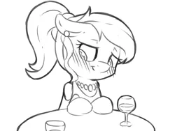 Size: 2000x1500 | Tagged: artist:fearingfun, blushing, clothes, crossdressing, date, derpibooru import, dress, explicit source, monochrome, oc, oc:fearingfun, sketch, solo, suggestive, table, unofficial characters only, wine glass