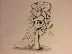 Size: 2048x1536 | Tagged: safe, artist:theasce, derpibooru import, applejack, applejewel, clothes, dress, monochrome, solo, traditional art