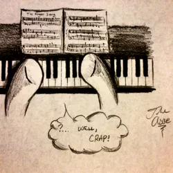 Size: 2448x2448 | Tagged: artist:theasce, derpibooru import, hooves, monochrome, offscreen character, piano, safe, traditional art