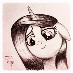 Size: 1024x1024 | Tagged: alicorn, artist:theasce, derpibooru import, evil cadance, floppy ears, horn, looking at you, looking down, looking down at you, monochrome, princess cadance, queen chrysalis, safe, signature, smiling, solo, traditional art