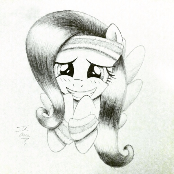 Size: 1024x1024 | Tagged: safe, artist:theasce, derpibooru import, fluttershy, blushing, looking at you, monochrome, solo, sweatband, traditional art