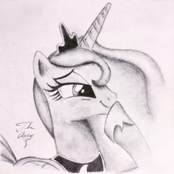 Size: 1024x1024 | Tagged: safe, artist:theasce, derpibooru import, princess luna, bloom and gloom, laughing, monochrome, solo, traditional art