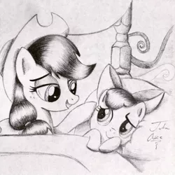 Size: 1024x1024 | Tagged: safe, artist:theasce, derpibooru import, apple bloom, applejack, bloom and gloom, monochrome, sisters, traditional art