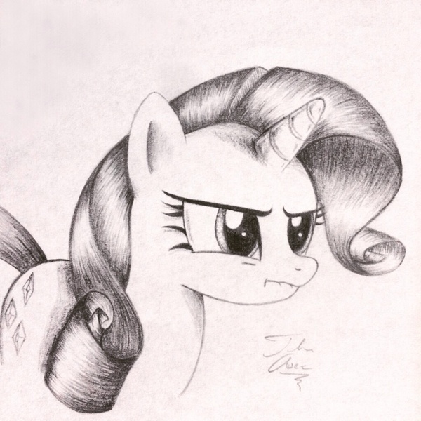 Size: 1024x1024 | Tagged: safe, artist:theasce, derpibooru import, rarity, angry, monochrome, solo, traditional art