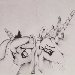 Size: 1004x1004 | Tagged: safe, artist:theasce, derpibooru import, princess celestia, princess luna, monochrome, traditional art