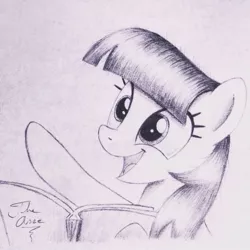 Size: 1024x1024 | Tagged: safe, artist:theasce, derpibooru import, rainbow dash, the lost treasure of griffonstone, book, manebow sparkle, monochrome, solo, traditional art