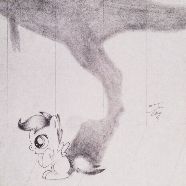 Size: 1024x1024 | Tagged: safe, artist:theasce, derpibooru import, scootaloo, monochrome, shadow, solo, traditional art