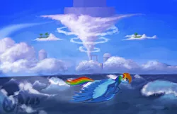 Size: 1600x1035 | Tagged: artist:xormak, cloud, cloud islands, cloudy, derpibooru import, flying, large wings, rainbow dash, safe, scenery, solo