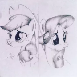 Size: 1024x1024 | Tagged: applejack, artist:theasce, derpibooru import, eating, monochrome, rarity, safe, traditional art