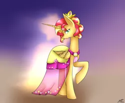 Size: 3024x2500 | Tagged: safe, artist:midfire, derpibooru import, sunset shimmer, alicorn, pony, alicornified, clothes, dress, gala dress, race swap, shimmercorn, solo