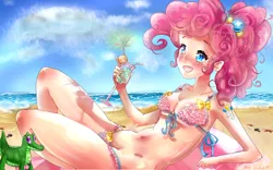 Size: 3500x2179 | Tagged: adorasexy, alternative cutie mark placement, anime face, armpits, artist:miniiming, bad anatomy, beach, belly button, bikini, blushing, breasts, busty pinkie pie, clothes, cup, cute, derpibooru import, diapinkes, drink, fangs, female, gummy, human, humanized, on back, pinkie pie, pixiv, ponytail, sexy, shiny, shoulder cutie mark, smiling, solo, solo female, suggestive, swimsuit