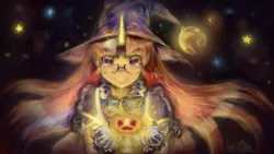 Size: 1920x1080 | Tagged: artist:miniiming, bell, clothes, costume, cute, dancerbetes, derpibooru import, glasses, gloves, halloween, hat, holiday, horned humanization, human, humanized, jack-o-lantern, looking at you, magic, moondancer, pumpkin, safe, smiling, solo, sparkles, witch, wizard hat