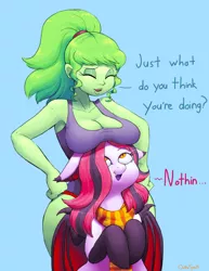 Size: 1276x1657 | Tagged: suggestive, artist:outta sync, derpibooru import, oc, oc:arrhythmia, oc:femanon, unofficial characters only, bat pony, human, pony, equestria girls, armpits, boobhat, breasts, busty femanon, cleavage, clothes, eyes closed, female, hand on hip, looking up, nudity, open mouth, panties, ponytail, scarf, smiling, socks, underwear