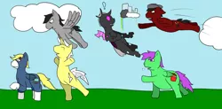 Size: 2976x1460 | Tagged: safe, artist:bloatable, derpibooru import, oc, oc:jason controlwing, oc:lito von skittlez, oc:shin akira, oc:sparkplug socket, oc:techno trance, oc:zephyr changewing, unofficial characters only, changeling, earth pony, pegasus, pony, unicorn, alternate mane six, angry face, cloudsdale, dancing, exclamation point, fat, flying, oc six, out of breath, punch, purple changeling, scared