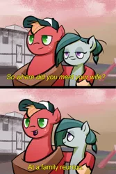 Size: 1060x1590 | Tagged: safe, artist:stupchek, derpibooru import, big macintosh, marble pie, earth pony, pony, alabama, baseball cap, comic, dialogue, hat, implied incest, incestuish, male, marblemac, redneck, shipping, stallion, straight