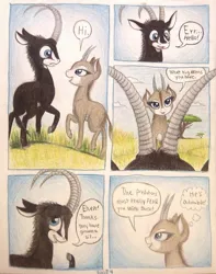 Size: 793x1008 | Tagged: acacia tree, africa, animal in mlp form, antelope, artist:thefriendlyelephant, awkward moment, awkward smile, bashful, bedroom eyes, blushing, cloven hooves, comic, comic:sable story, derpibooru import, dialogue, duo, flirty, giant sable antelope, grass, hill, horns, oc, oc:sabe, oc:uganda, safe, savanna, speech bubble, surprised, thought bubble, traditional art, unofficial characters only