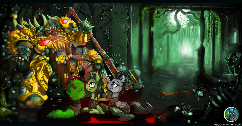 Size: 1280x669 | Tagged: artist:eztp, chaos space marine, commission, crossover, dead, derpibooru import, fanfic art, fanfic:iron hearts, hammer, heresy, insect, iron warriors, nurgle, oc, semi-grimdark, skeleton, temple, terminator armor, unofficial characters only, war hammer, warhammer 40k, warhammer (game)