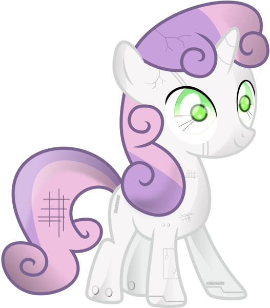 Size: 5000x5691 | Tagged: safe, artist:uxyd, derpibooru import, sweetie belle, pony, robot, robot pony, unicorn, absurd resolution, blank flank, damaged, female, filly, foal, hooves, horn, simple background, smiling, solo, sweetie bot, transparent background, vector