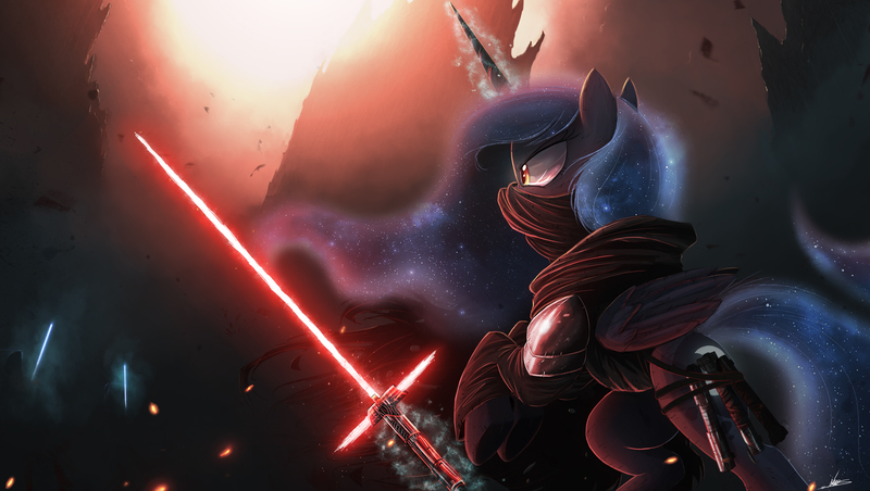 Size: 2500x1413 | Tagged: safe, artist:ncmares, derpibooru import, princess luna, pony, clothes, crossguard lightsaber, crossover, dark, glare, knights of ren, kylo ren, lightsaber, magic, mask, sith, solo, star wars, star wars: the force awakens, star wars: the last jedi, telekinesis, weapon