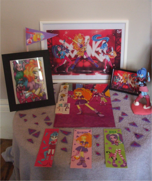 Size: 1100x1312 | Tagged: safe, artist:blazingdazzlingdusk, derpibooru import, adagio dazzle, aria blaze, sonata dusk, equestria girls, rainbow rocks, bookmark, collection, custom, figure, irl, merchandise, necklace, photo, picture frame, shrine, stage, the dazzlings, toy