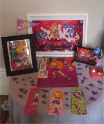 Size: 1100x1312 | Tagged: safe, artist:blazingdazzlingdusk, derpibooru import, adagio dazzle, aria blaze, sonata dusk, equestria girls, rainbow rocks, bookmark, collection, custom, figure, irl, merchandise, necklace, photo, picture frame, shrine, stage, the dazzlings, toy