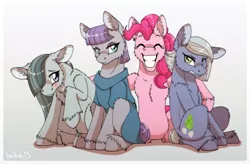 Size: 1024x672 | Tagged: safe, artist:inuhoshi-to-darkpen, artist:jeatz-axl, derpibooru import, limestone pie, marble pie, maud pie, pinkie pie, earth pony, pony, hearthbreakers, blushing, female, fluffy, gray background, grin, mare, pie sisters, quartet, siblings, simple background, sisters, sitting, unshorn fetlocks