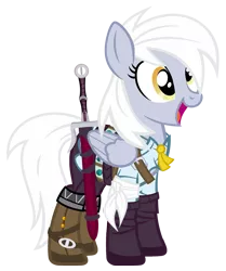 Size: 1843x2200 | Tagged: safe, artist:pixelkitties, derpibooru import, derpy hooves, pegasus, pony, bandage, boots, ciri, clothes, costume, crossover, female, mare, nightmare night costume, open mouth, shoes, simple background, smiling, solo, sword, the witcher, the witcher 3, transparent background, weapon, white hair
