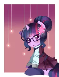 Size: 800x1040 | Tagged: safe, artist:ariida-chi, derpibooru import, sci-twi, twilight sparkle, ponified, pony, unicorn, equestria girls, friendship games, blushing, clothes, crystal prep academy uniform, cute, equestria girls ponified, glasses, gradient background, hair bun, looking at you, open mouth, ponified humanized pony, school uniform, solo, unicorn sci-twi