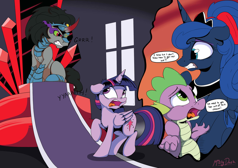 Size: 3507x2480 | Tagged: safe, artist:mistydash, derpibooru import, king sombra, princess luna, spike, twilight sparkle, twilight sparkle (alicorn), alicorn, pony, female, former good king sombra, good king sombra, mare, nightmare