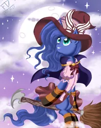 Size: 1849x2348 | Tagged: artist:fluffydus, broom, clothes, cloud, cloudy, costume, derpibooru import, flying, flying broomstick, full moon, looking up, moon, nightmare night costume, princess luna, safe, sitting, smiling, solo, stars