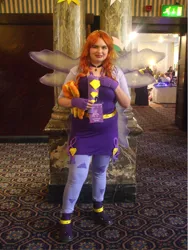 Size: 1518x2023 | Tagged: safe, artist:blazingdazzlingdusk, derpibooru import, adagio dazzle, human, equestria girls, rainbow rocks, 2015, clothes, convention, cosplay, costume, female, fin wings, irl, irl human, microphone, photo, plushie, ponycon, the dazzlings