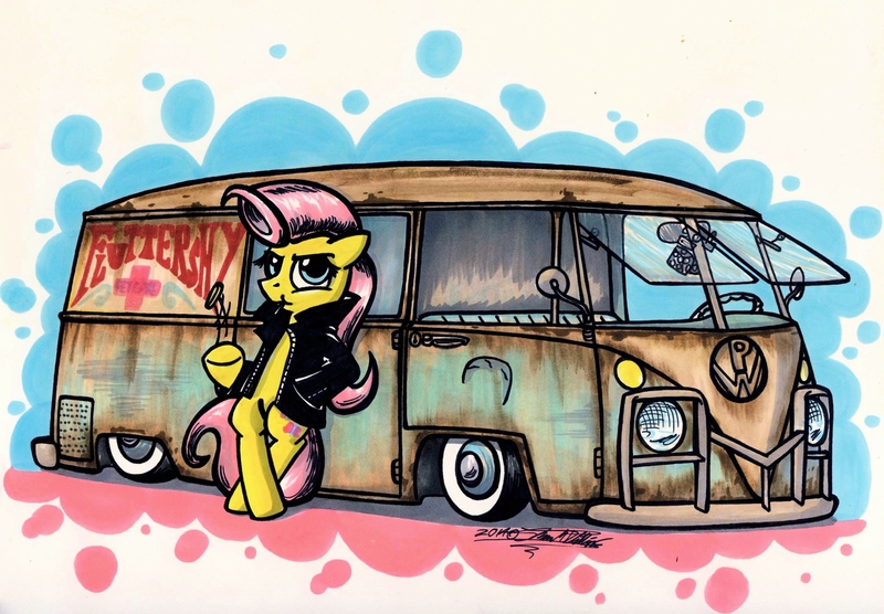 Size: 3269x2270 | Tagged: alternate hairstyle, artist:sketchywolf-13, bipedal leaning, cigarette, clothes, coin, derpibooru import, fluttershy, leather jacket, microbus, rockabilly, safe, smoking, solo, van, volkswagen, volkswagen transporter, volkswagen type 2