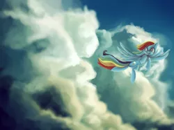 Size: 1681x1261 | Tagged: safe, artist:jubilannt, derpibooru import, rainbow dash, pegasus, pony, cloud, cloudy, flying, solo, windswept mane